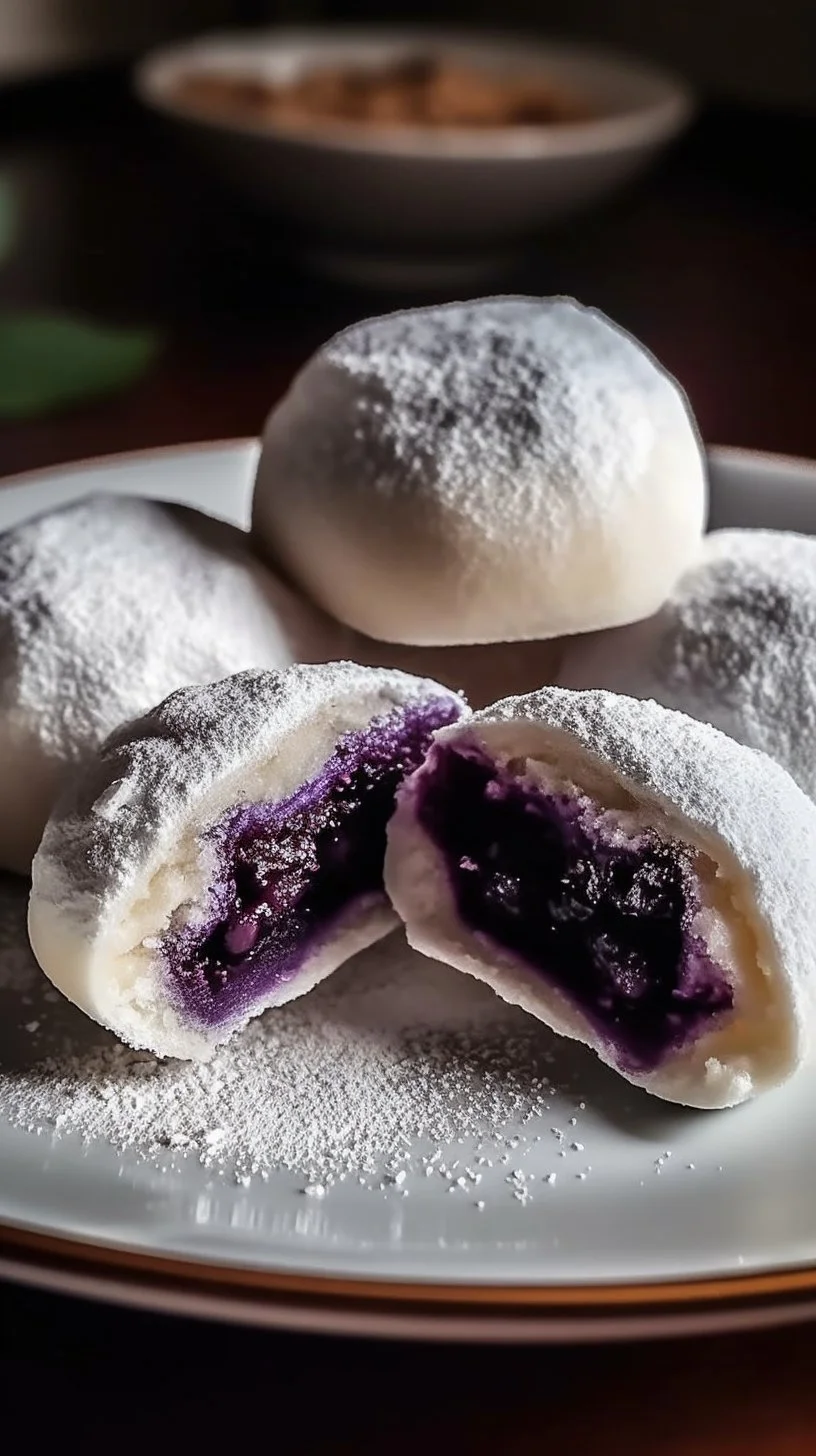 Blueberry-filled almond snowball cookies on a decorative plate