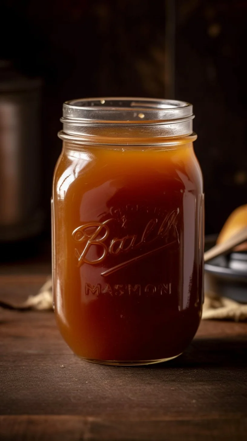 Delicious Bourbon Caramel Sauce in a jar, perfect for desserts.