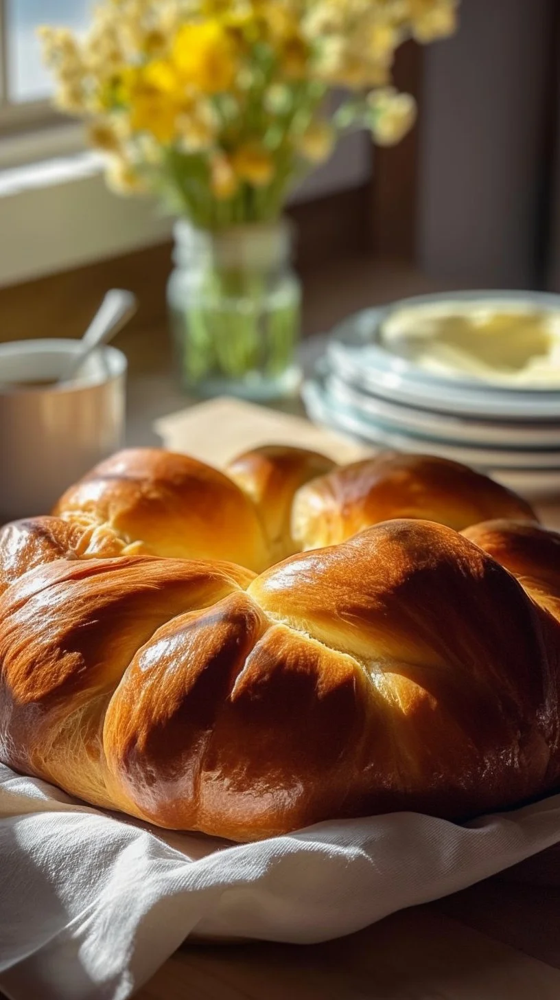 Freshly baked brioche loaf on a wooden table