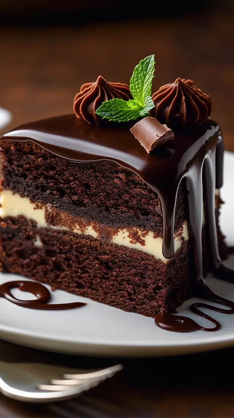 Delicious Brownie Chocolate Cake topped with chocolate frosting and colorful sprinkles.