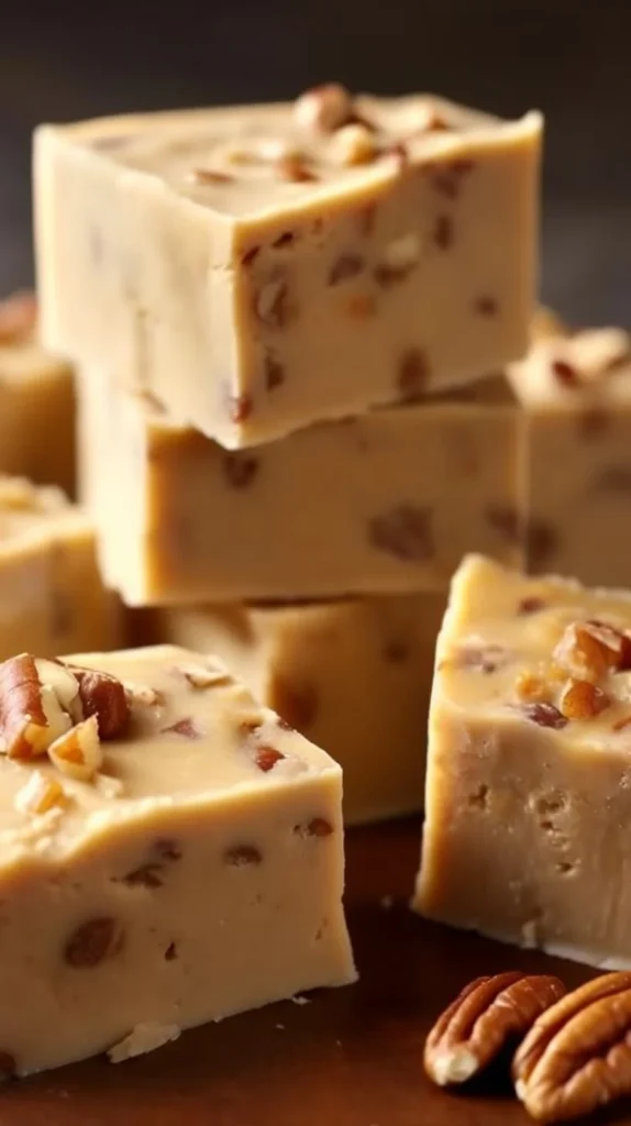 Delicious homemade Butter Pecan Fudge with pecans and caramel swirls