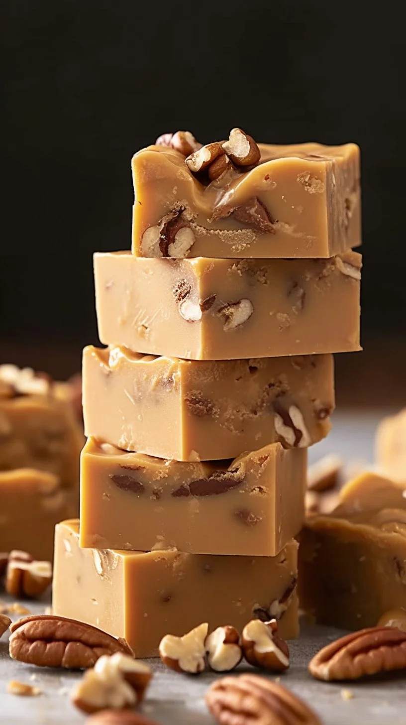 Delicious homemade butter pecan fudge square on a wooden board