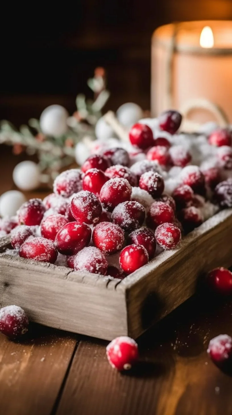 Homemade candied cranberries in a bowl decorated for the holidays
