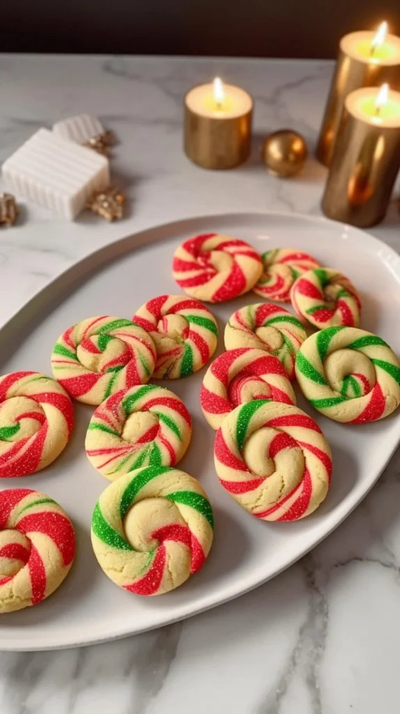 Decorated Candy Cane Cookies arranged on a festive platter.