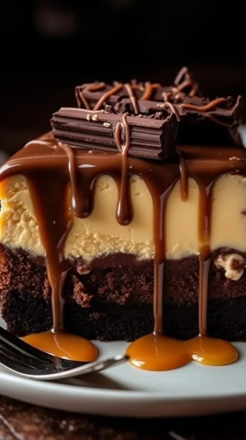 Decadent caramel brownie bottom cheesecake topped with a smooth layer of cheesecake