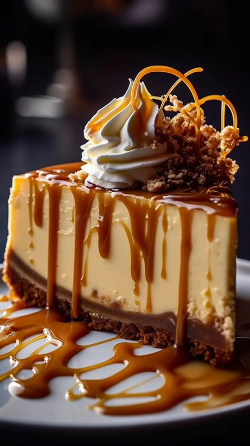 Delicious Caramel Chocolate Coffee Cheesecake topped with caramel sauce and chocolate shavings.