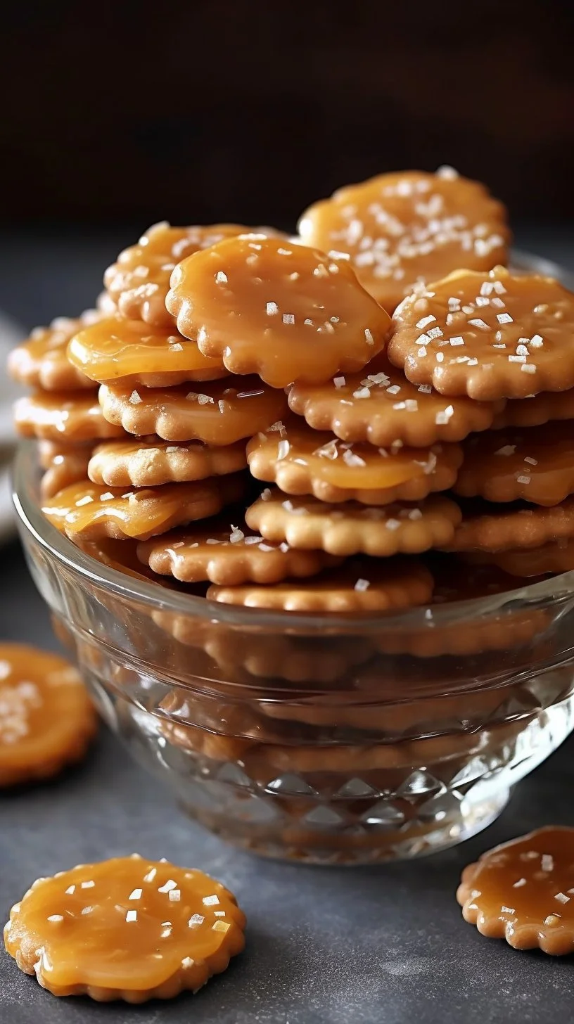 Delicious caramel crackers on a wooden platter for a sweet snack