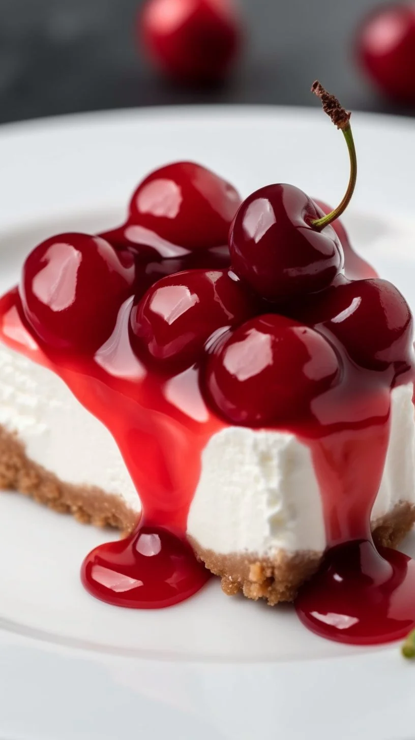 Delicious slice of cherry cheesecake topped with fresh cherries