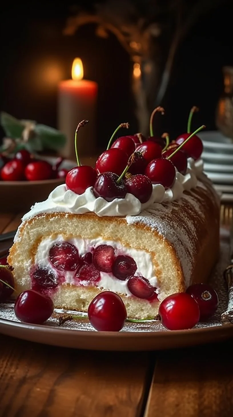 Cherry cheesecake cake roll on a white plate with fresh cherries on top.