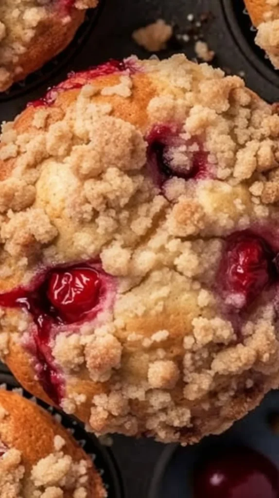 Freshly baked cherry cobbler muffins topped with cherries and crumbly topping