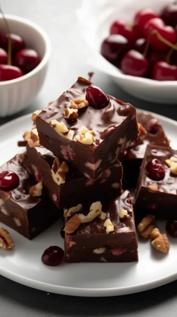 Delicious Cherry Fantasy Fudge topped with fresh cherries and chocolate