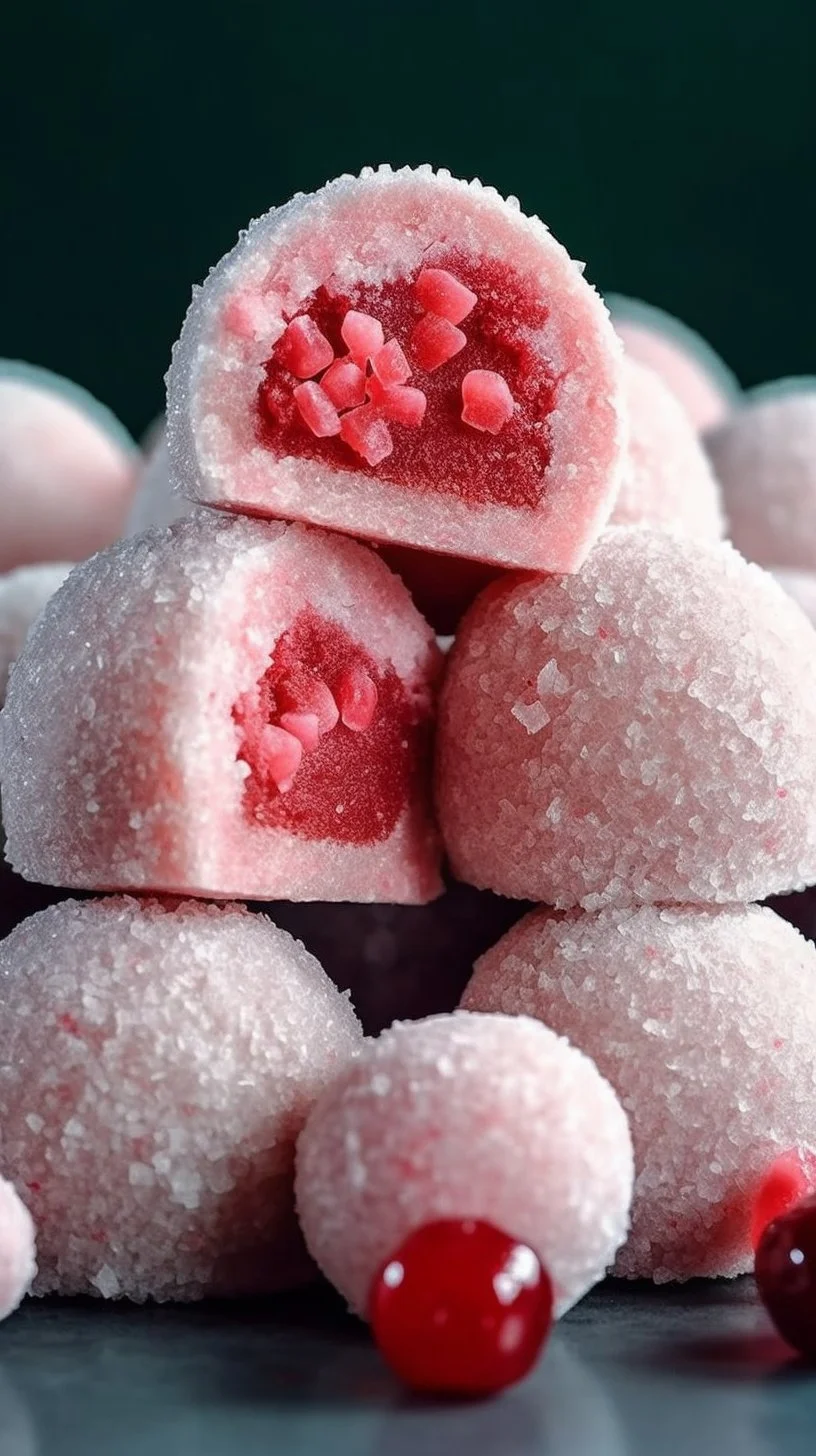 Delicious Cherry Snowball Cookies dusted with powdered sugar on a plate.