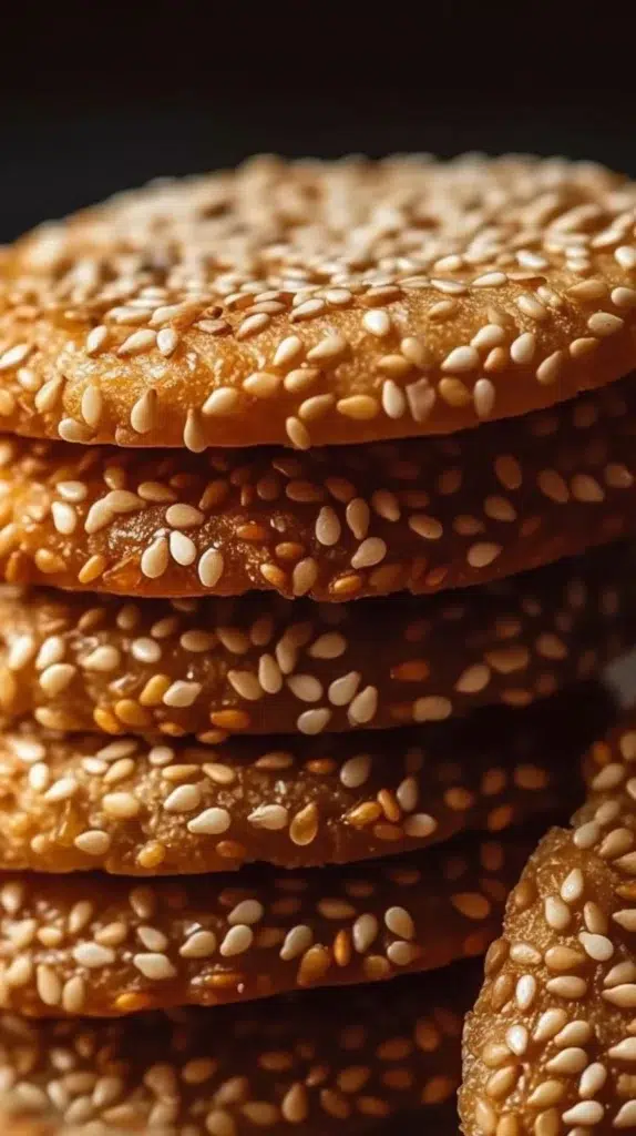 Chewy sesame honey cookies with a sprinkle of sesame seeds on top