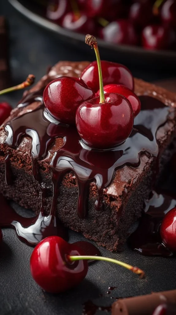 Delicious chocolate cherry brownies with rich chocolate and cherry toppings