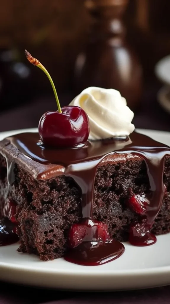 Chocolate cherry upside down cake with cherries on top