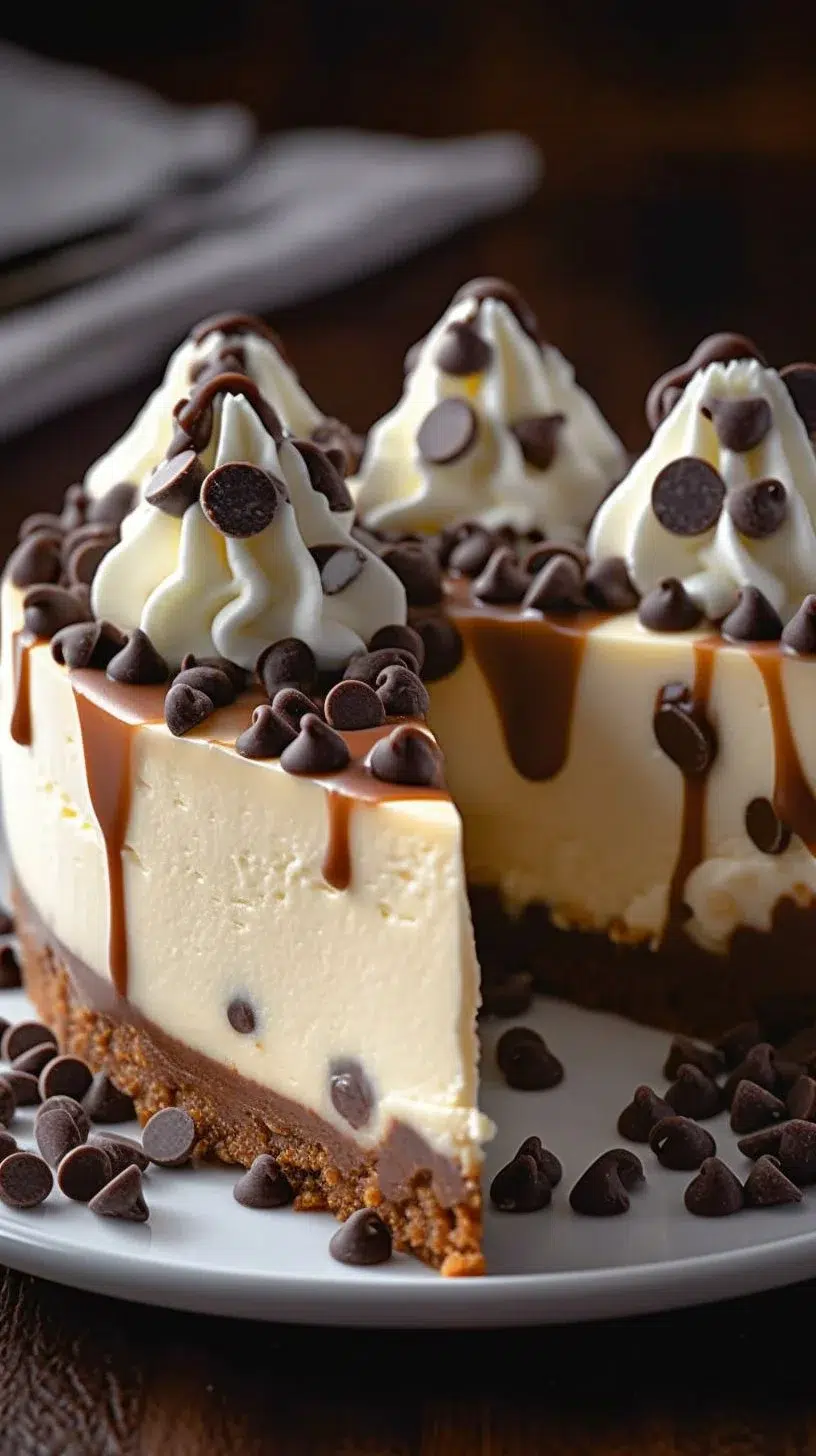 Delicious slice of Chocolate Chip Cookie Cheesecake topped with chocolate chips