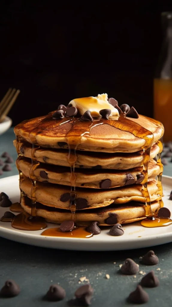 Delicious chocolate chip protein pancakes stacked with syrup