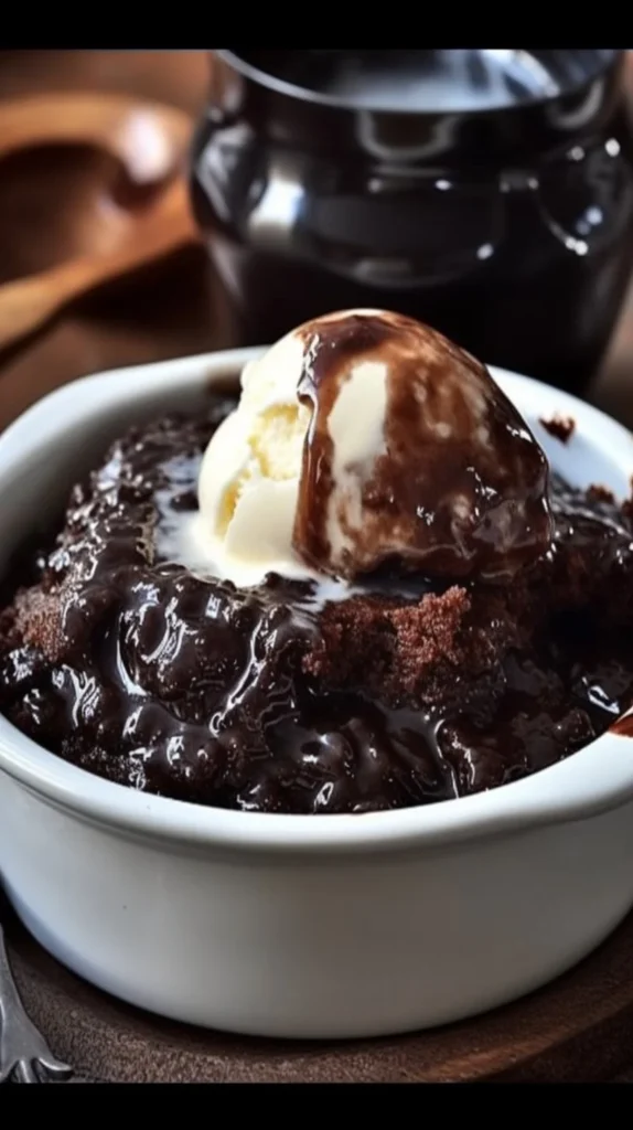 Delicious homemade Chocolate Cobbler dessert served warm with a scoop of ice cream.