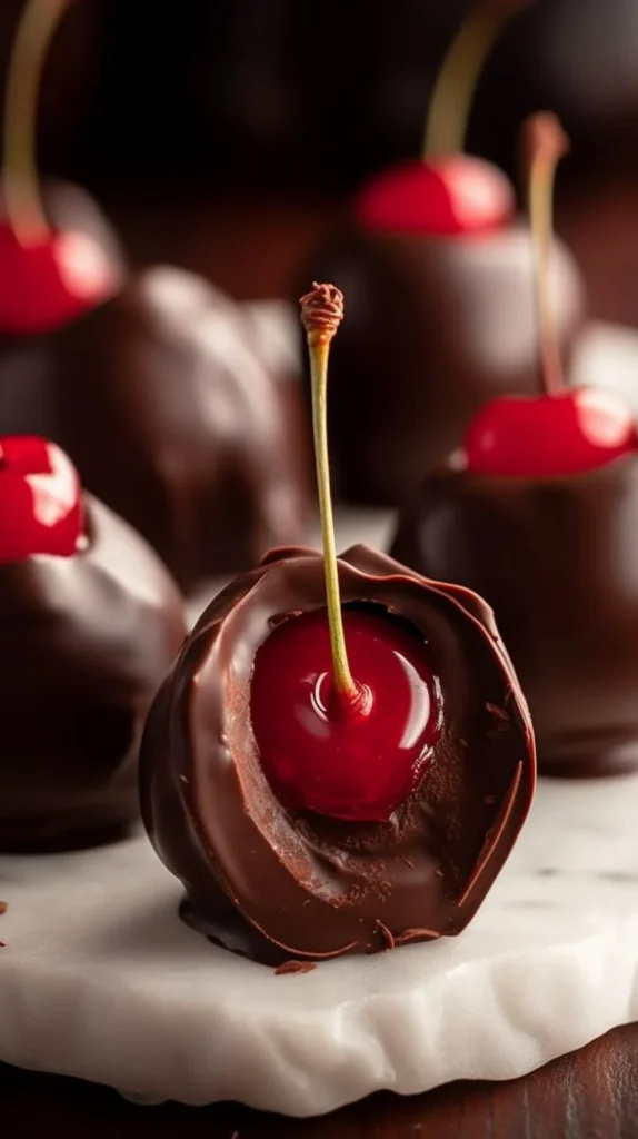 Delicious chocolate covered cherries ready to be enjoyed as a sweet dessert treat.