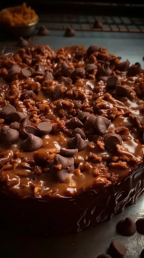 A delectable slice of Chocolate Crunch Cake showcasing its rich chocolate layers and crunchy topping.