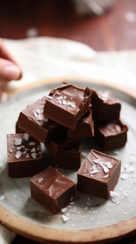Delicious homemade chocolate fudge on a wooden table.