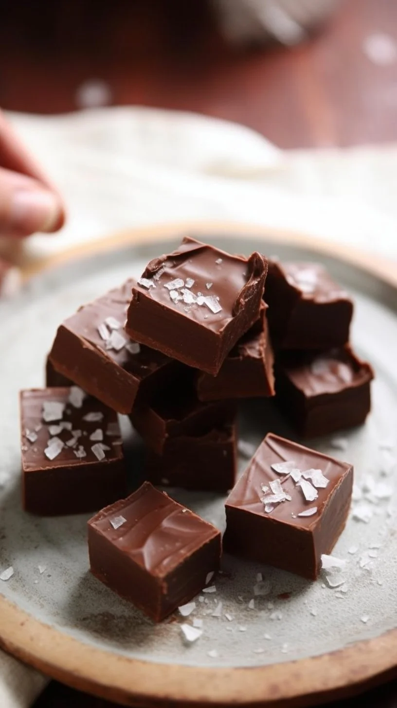 Delicious homemade chocolate fudge on a wooden table.