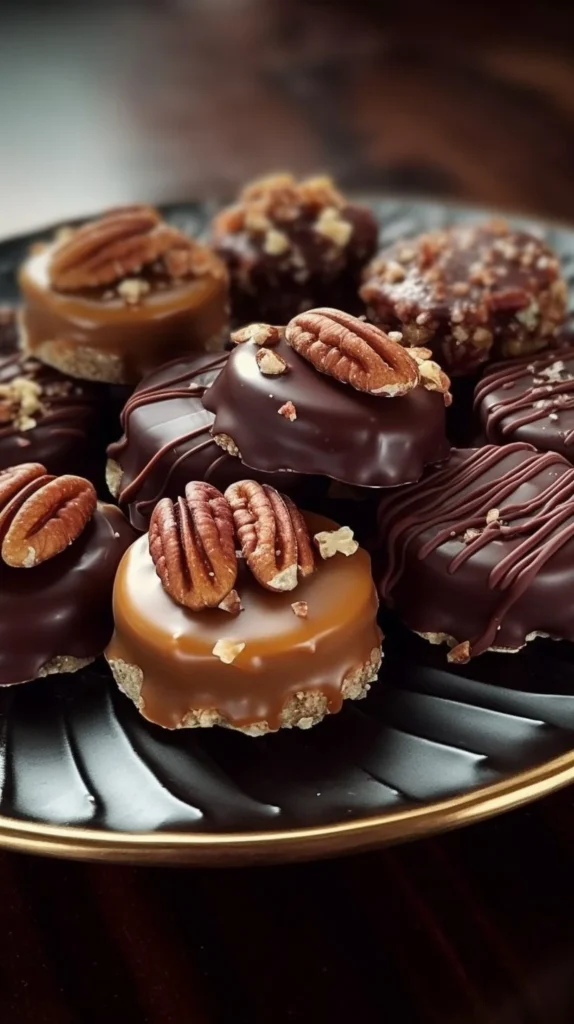 Delicious chocolate pecan turtle clusters with nuts and caramel on a plate