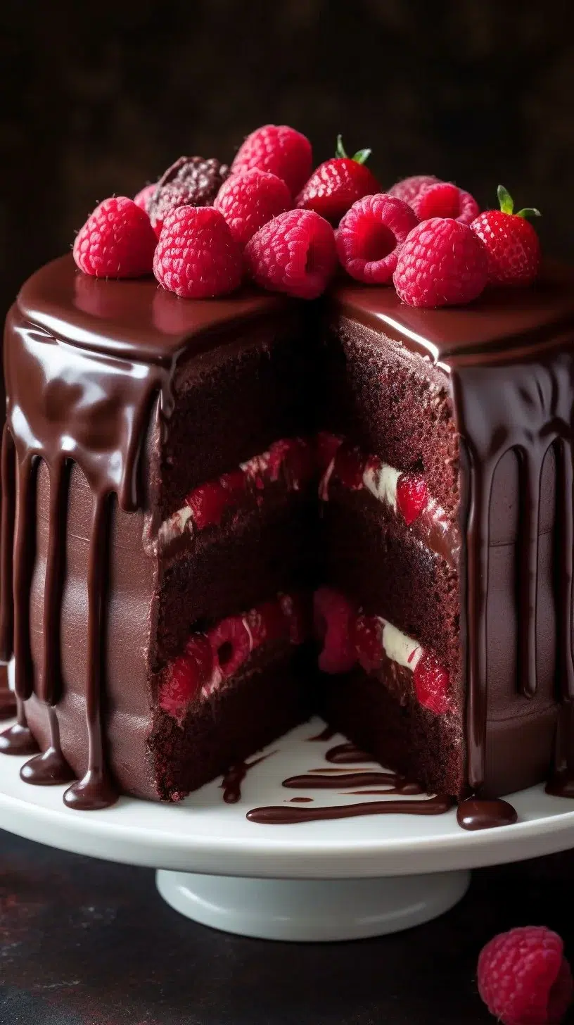 Delicious Chocolate Raspberry Cake topped with fresh raspberries and chocolate drizzle