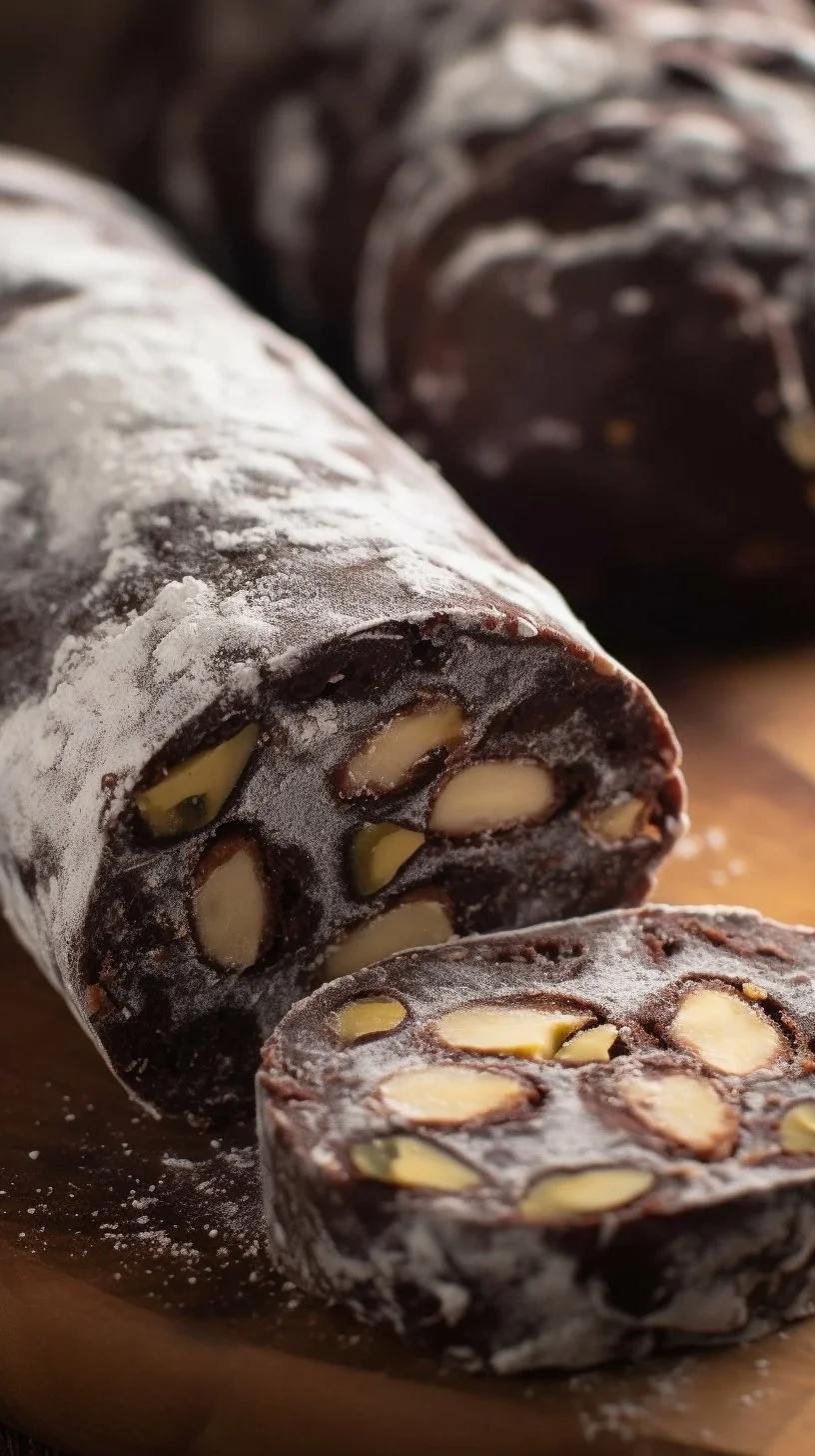 Delicious homemade Chocolate Salami dessert displayed on a wooden board.
