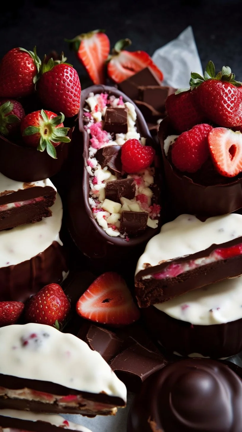 Chocolate strawberry yogurt clusters featuring fresh strawberries and creamy chocolate yogurt.