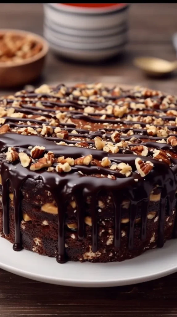 Delicious Chocolate Walnut Biscuit Cake garnished with walnuts and chocolate drizzle