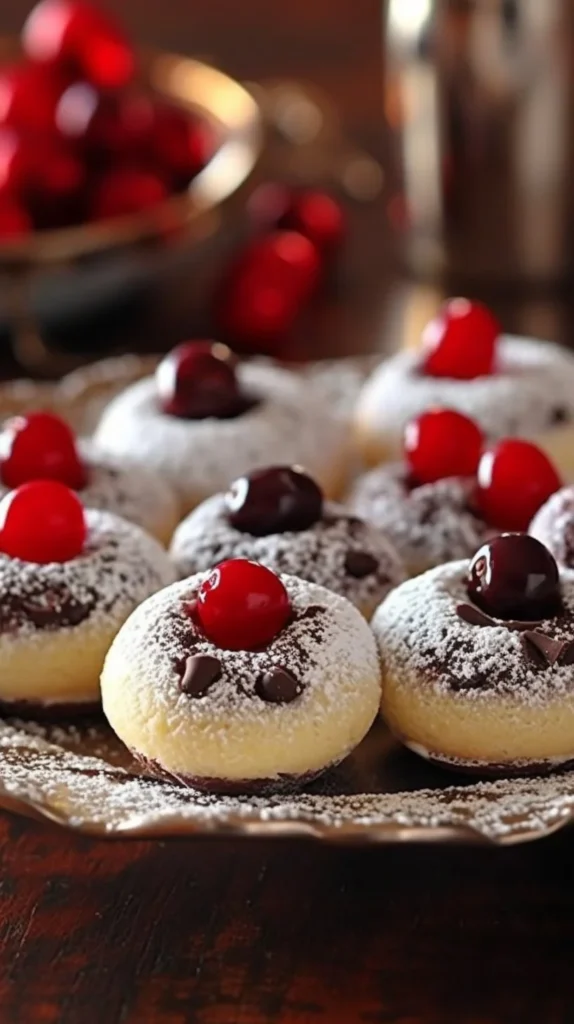Plate of Christmas Maraschino Cherry Shortbread Cookies decorated with cherries