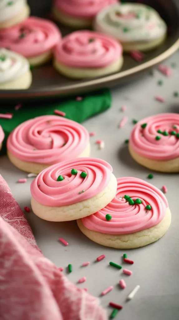 Freshly baked Christmas Pink Velvet Cookies on a festive plate.