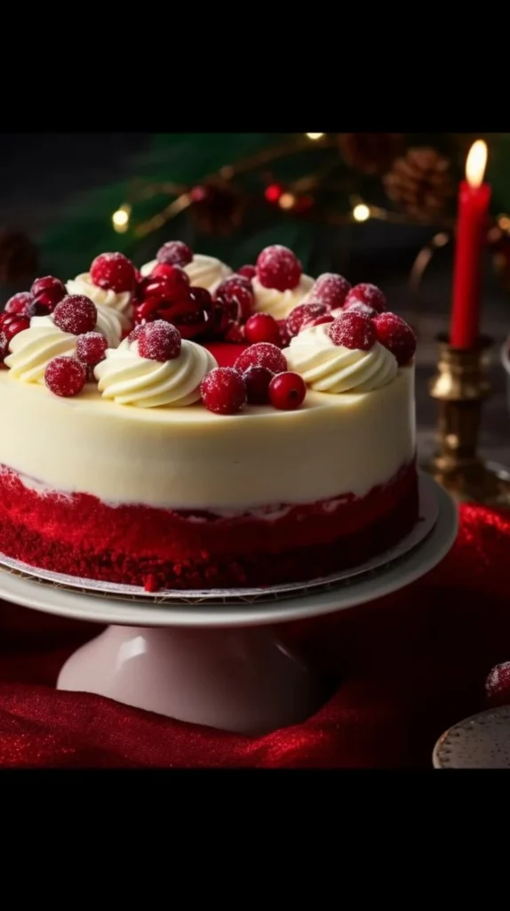 Slice of Christmas Red Velvet Cheesecake garnished with whipped cream and festive decorations