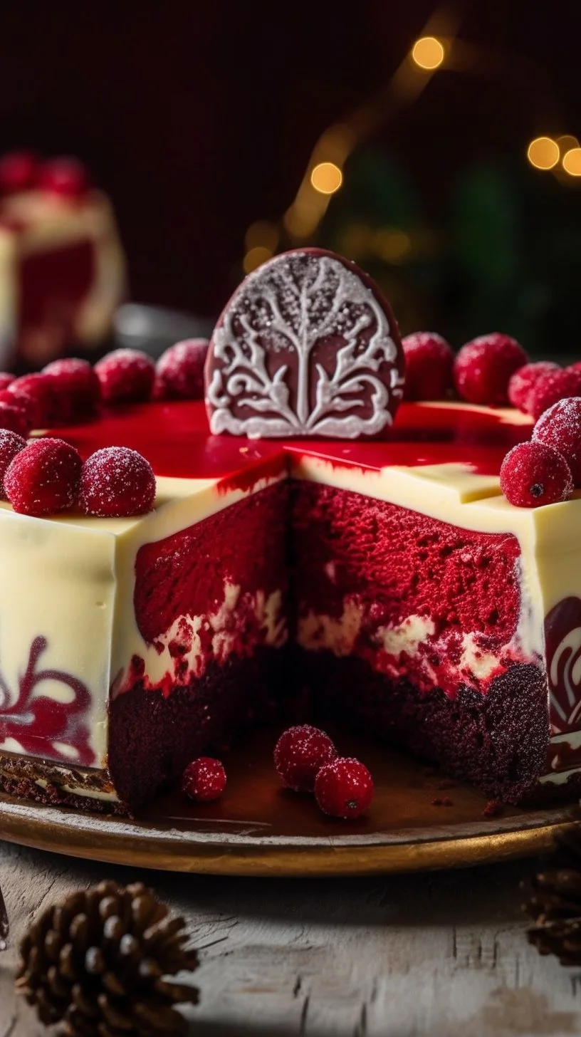 Delicious Christmas Red Velvet Cheesecake topped with cream cheese frosting