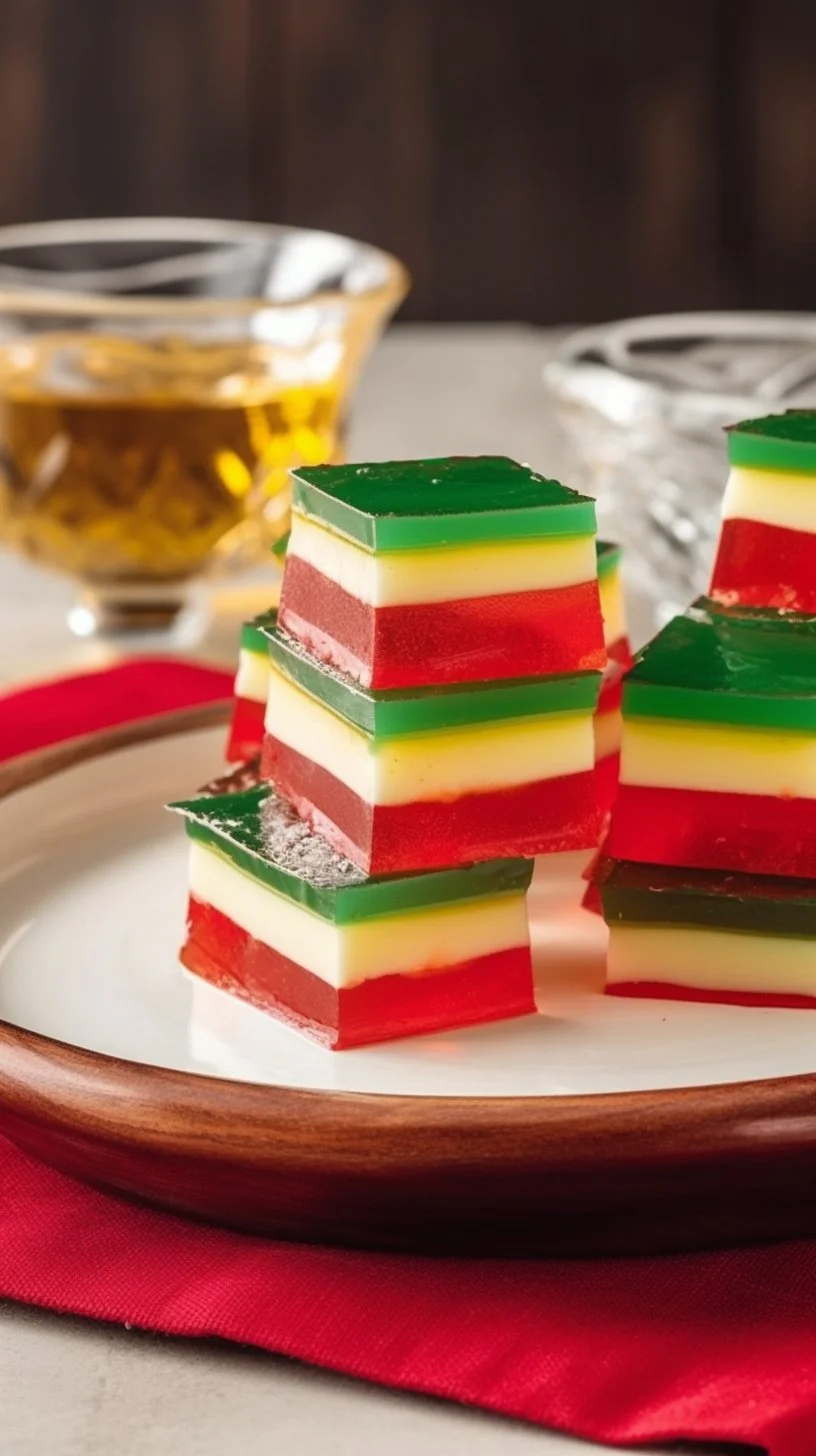 Colorful Christmas Ribbon Salad layered with festive ingredients for the holidays.