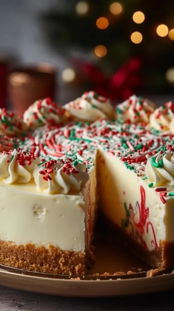 Delicious Christmas sugar cookie cheesecake topped with festive decorations.
