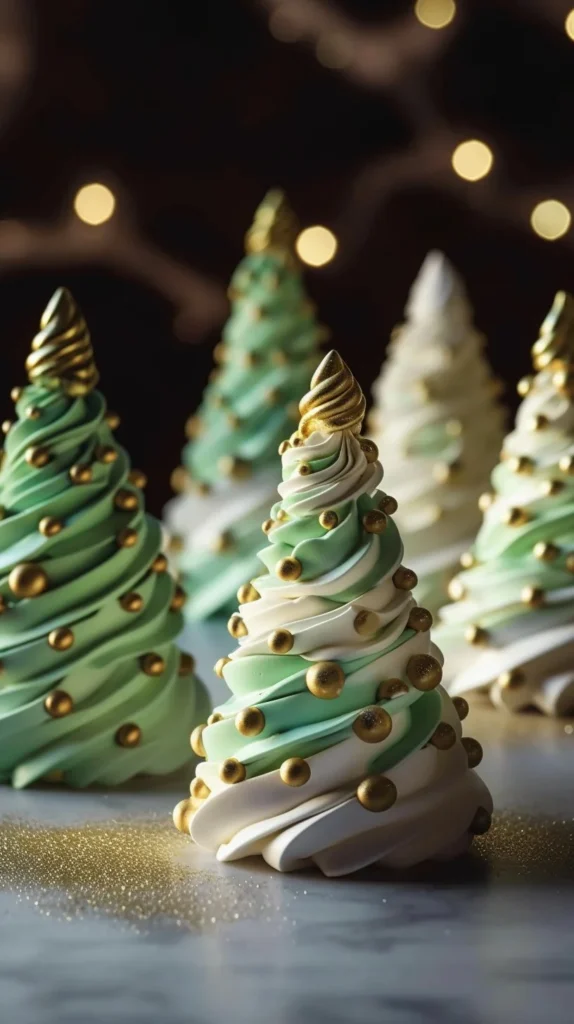 Festively decorated Christmas Tree Meringues on a dessert table