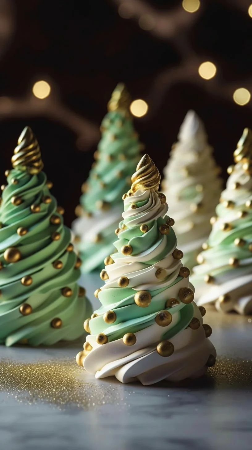 Festively decorated Christmas Tree Meringues on a dessert table