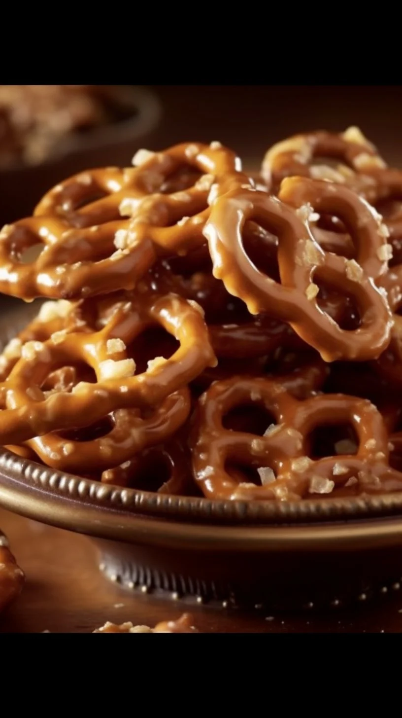 Delicious butter toffee pretzels served in a bowl, perfect for snacking.