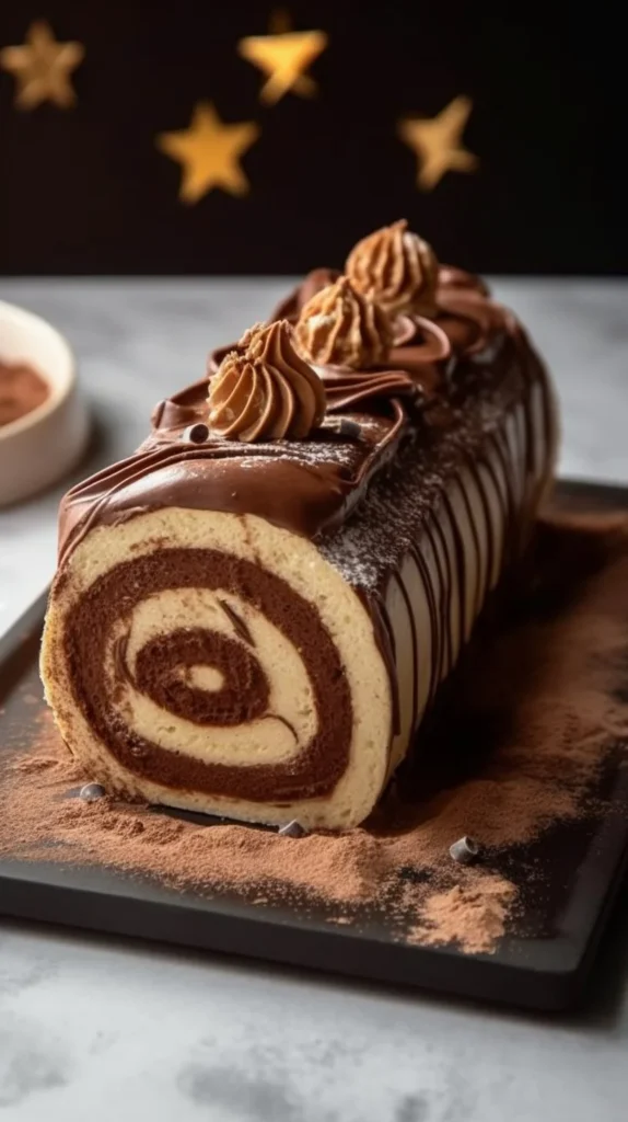 Delicious Cinnamon Chocolate Swiss Roll topped with creamy chocolate frosting