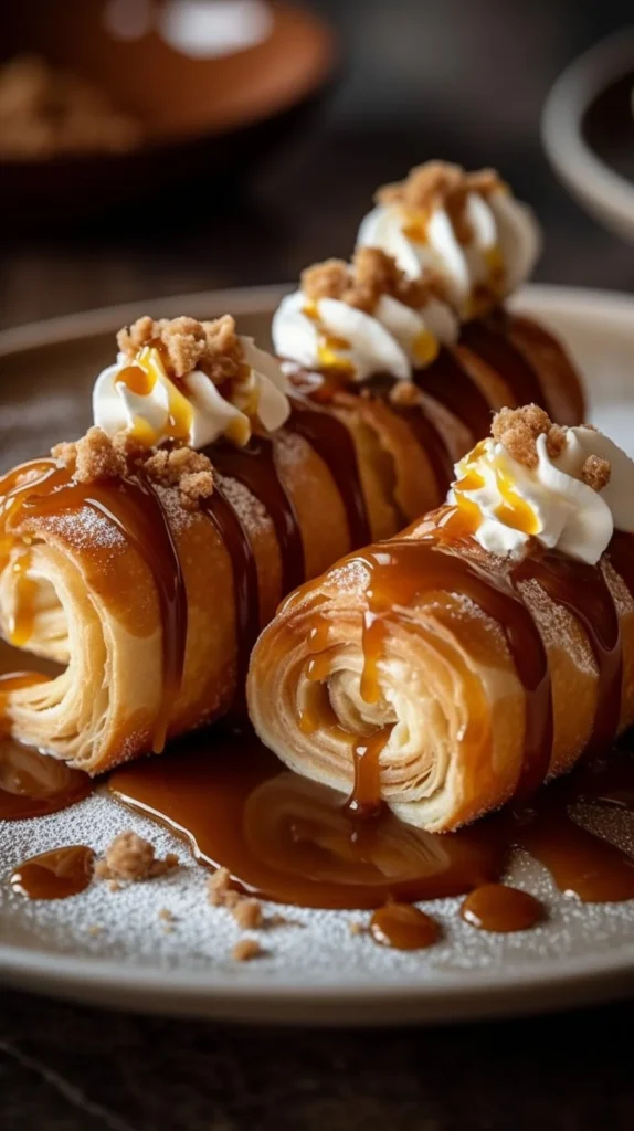 Cinnamon roll cheesecake chimichangas with drizzled icing and cinnamon topping