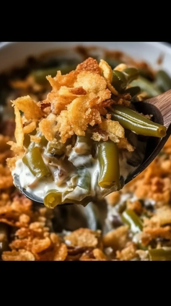 Delicious Classic Campbell's Green Bean Casserole baked with mushrooms and fried onions