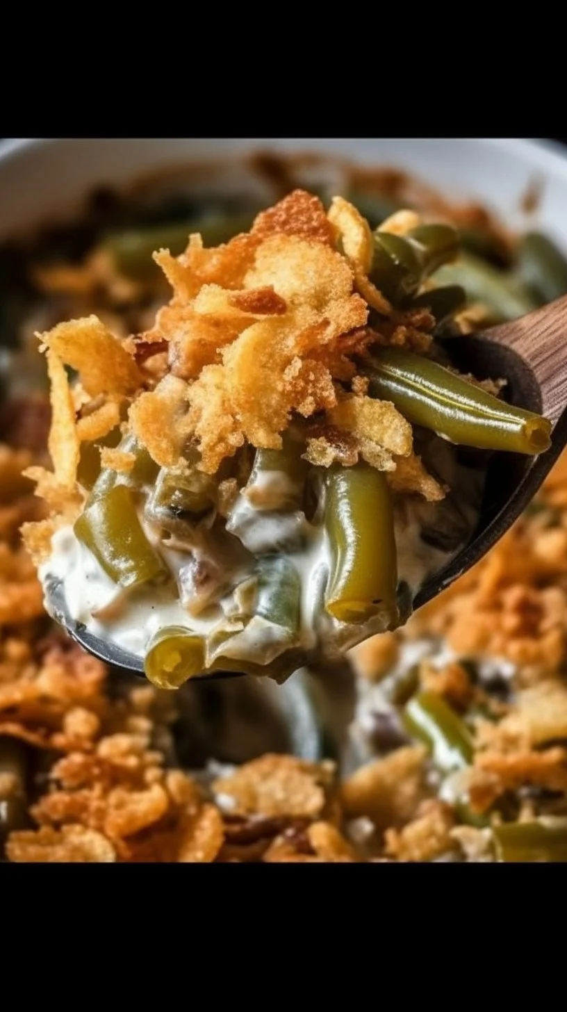 Delicious Classic Campbell's Green Bean Casserole baked with mushrooms and fried onions