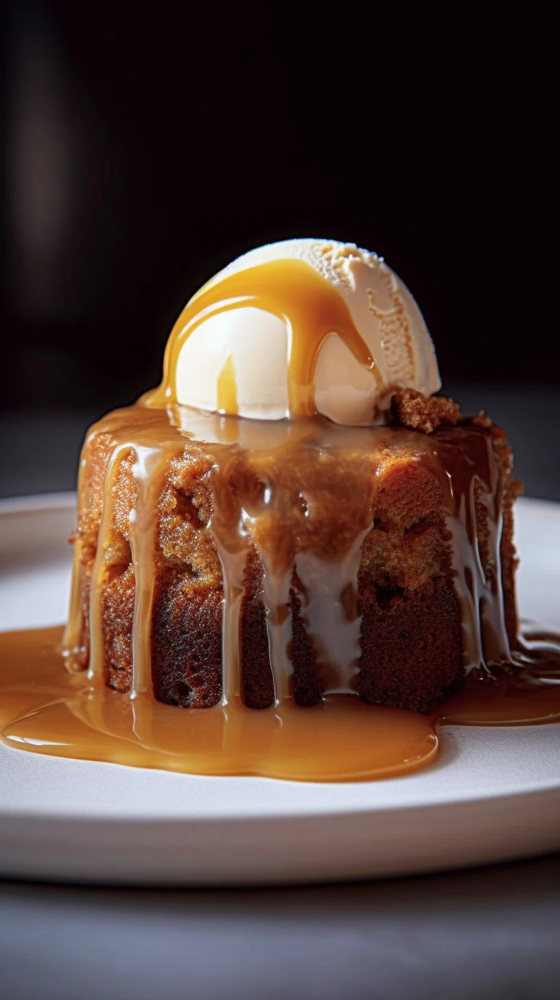 A delicious serving of classic sticky toffee pudding topped with caramel sauce.