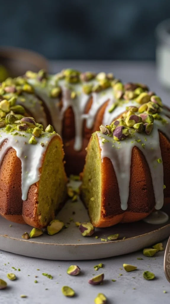 Coconut and Pistachio Pudding Cake topped with coconut flakes and nuts