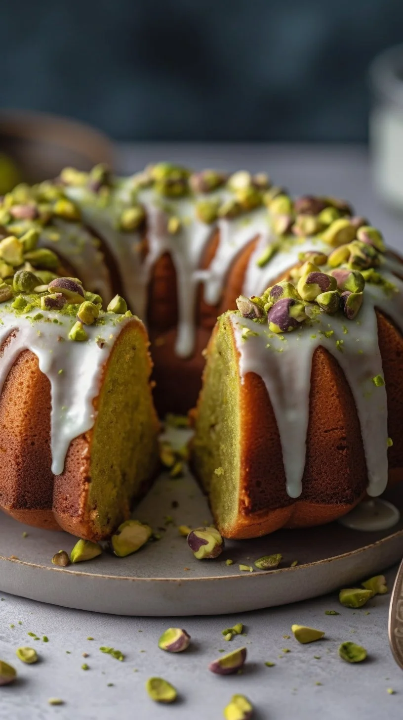 Coconut and Pistachio Pudding Cake topped with coconut flakes and nuts