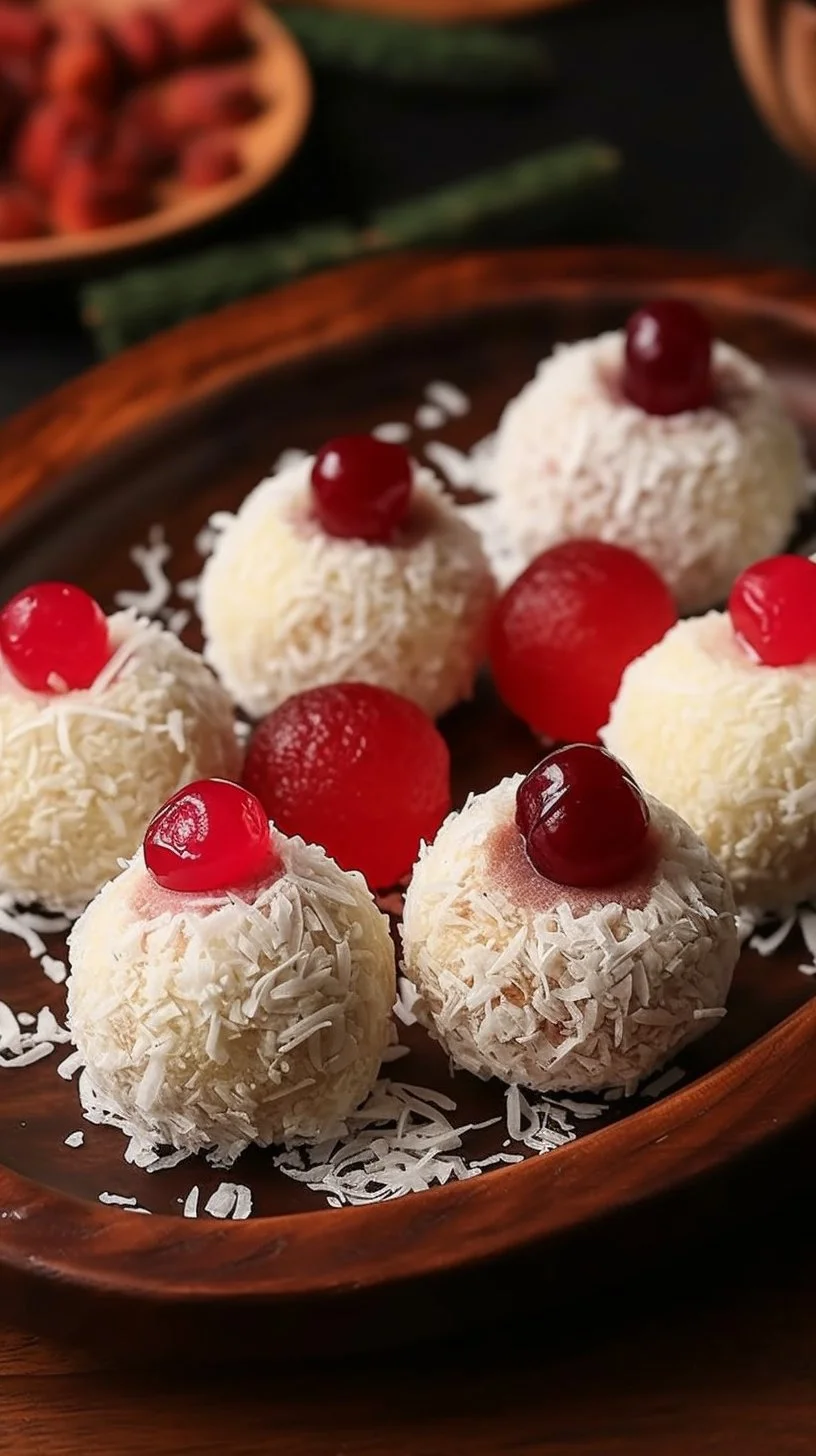 Coconut Snowballs with Maraschino Cherries on a decorative plate