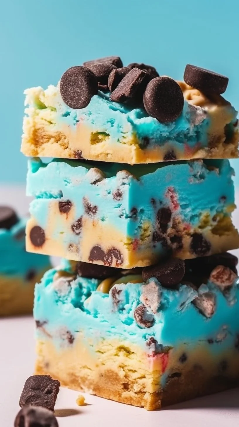 Cookie Monster Cheesecake Bars topped with cookies and blue frosting.