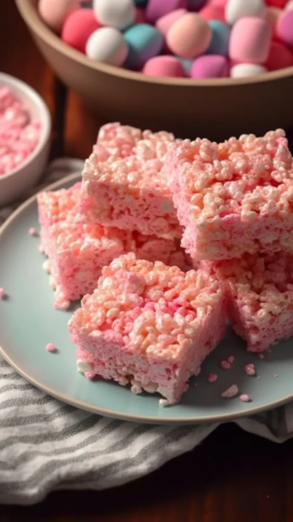 Delicious cotton candy rice krispy treats served on a plate.